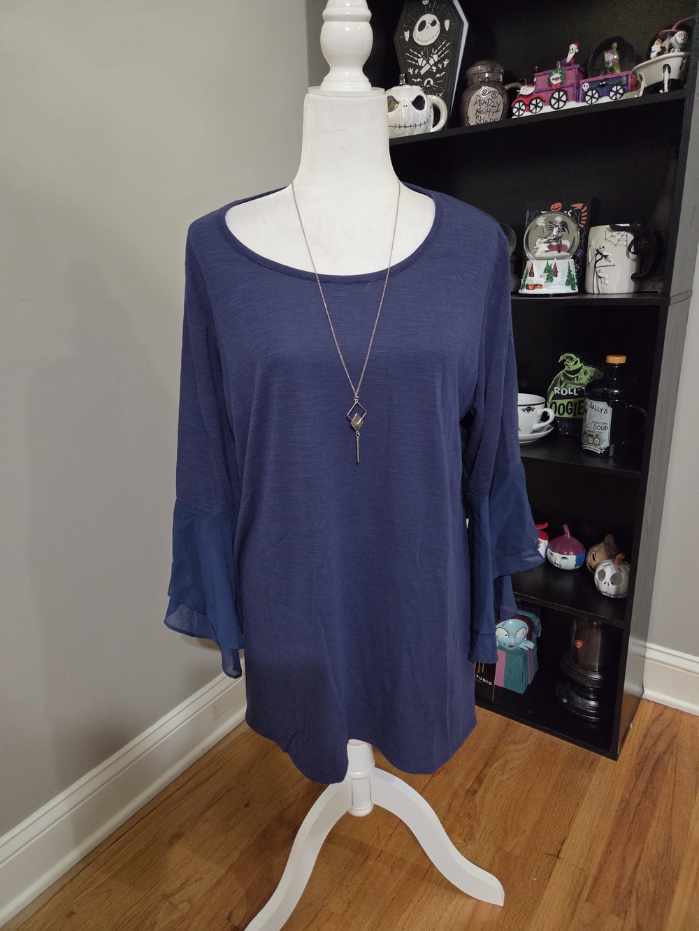 I.N. Studio Navy Scoop Neck Long Sleeve Top with Sheer Ruffle Cuffs